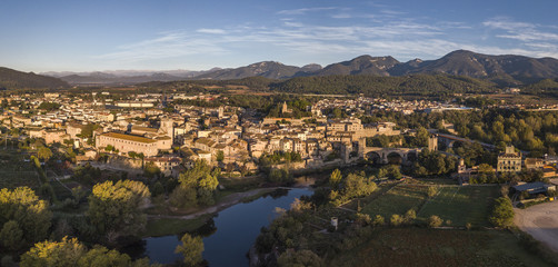 Aerial view of the Medieval town of Besalu at sunrise