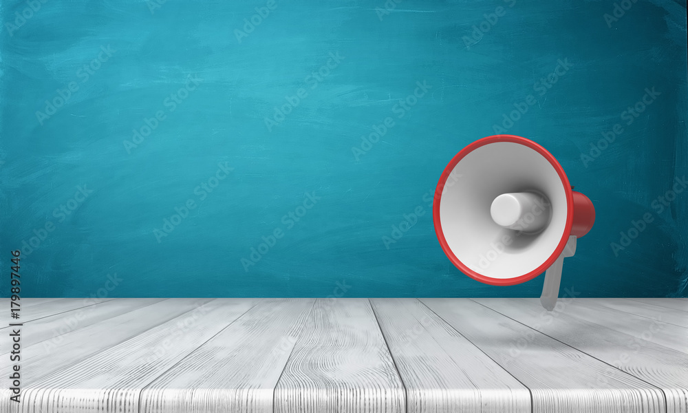Poster 3d rendering of a single red and white megaphone hanging vertically above a wooden desk.