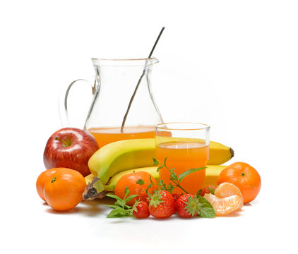 fruit juice with ingredients around on white background