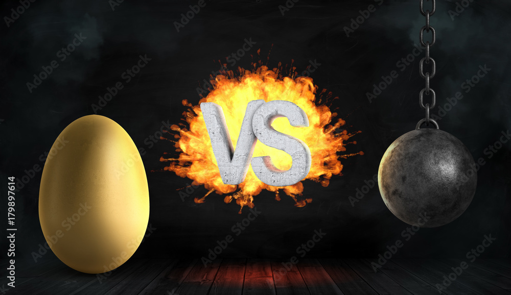 Poster 3d rendering of a large concrete letters vs on fire stand between a large golden egg and a black iro
