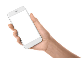 Young woman holding phone on white background