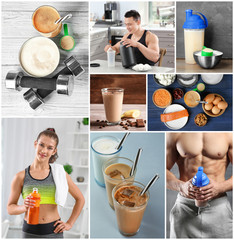 Collage of people with protein shakes and food
