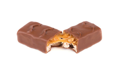 Closeup of chocolate,peanut and caramel bar isolated on white background, with clipping path
