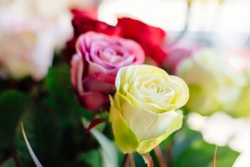 Artificial pink and yellow roses