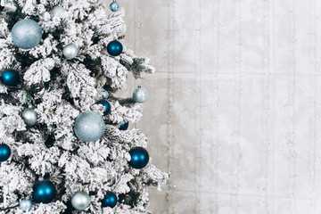 Decorated modern Christmas tree. Christmas and New Year concept. Space for text