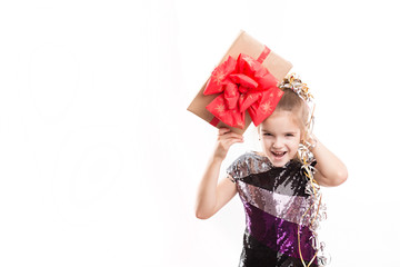 picture of beautiful girl with gift box isolated on white background. christmas concept