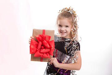 picture of beautiful girl with gift box isolated on white background. christmas concept
