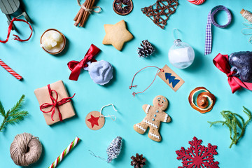 Collection of Christmas objects, mock up, flat lay. Gingerbread cookies and toys.