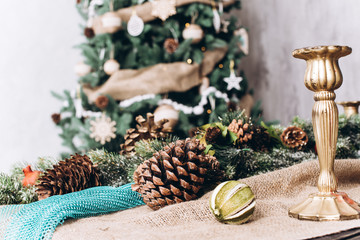 Photo of decorated table. Christmas and New Year interior. Christmas and New Year concept