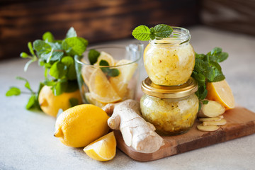 Homemade lemon, ginger and mint jam. Natural medicine, healthy food top view
