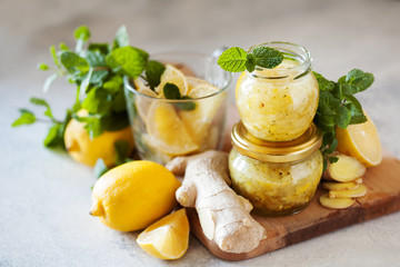 Homemade lemon, ginger and mint jam. Natural medicine, healthy food top view