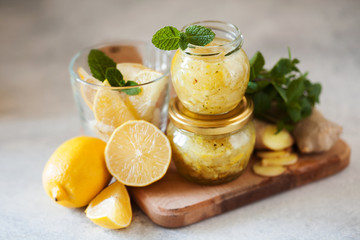Homemade lemon, ginger and mint jam. Natural medicine, healthy food top view