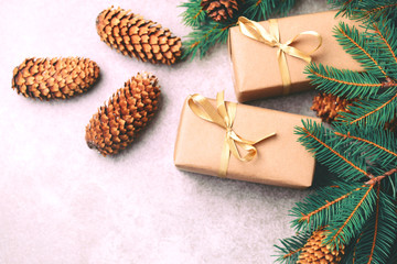 Christmas background. Craft gift boxes and decoration