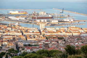 Aerial cityscape view on Sete village during the sunset in Occitanie region in southern France