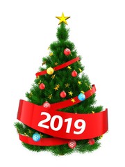 3d dark green Christmas tree with 2019 sign