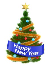 3d dark green Christmas tree with happy new year sign