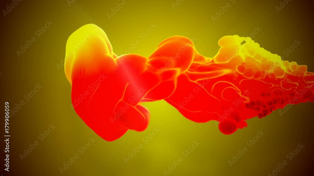 Poster 3d animation of flow of red orange ink inject in water in slow motion on orange background. use as i