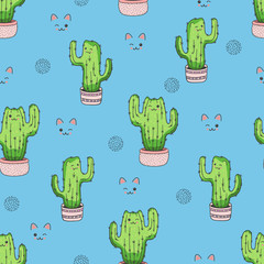 Seamless cartoon cactus pattern. Vector background.