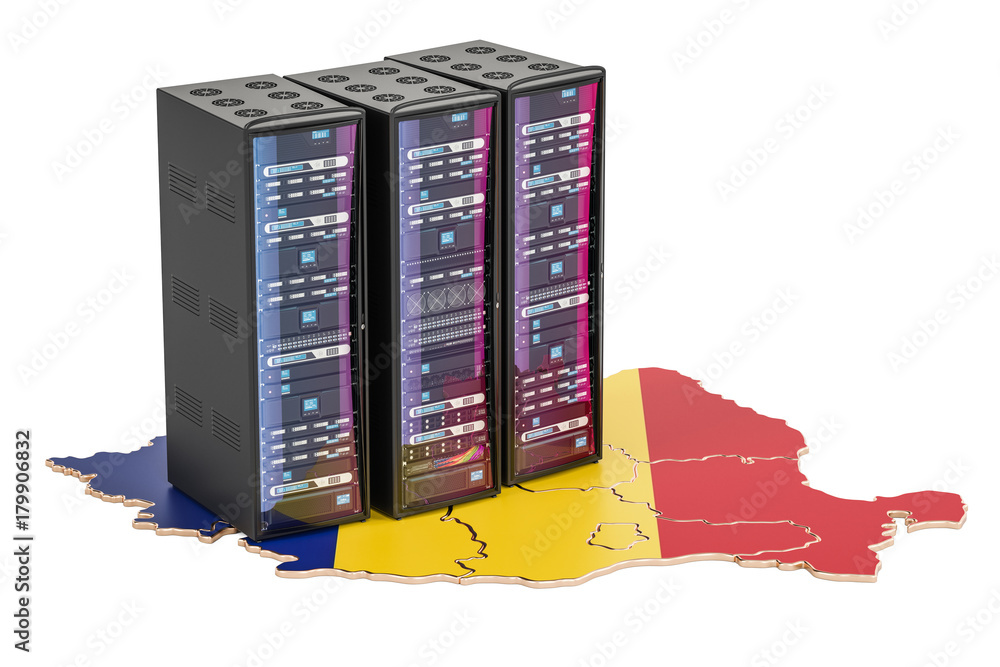 Poster data center server racks in romania concept, 3d rendering