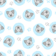 Seamless pattern with cute puppies. Vector circles background with dogs.