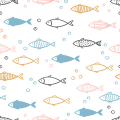 Seamless vector hand drawn fish pattern. - obrazy, fototapety, plakaty