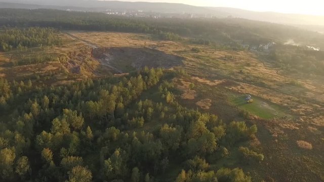 Aerial view of huge landslide near mining of potassium ore, deep hole in soil, Stebnyk, Truskavets, Ukraine