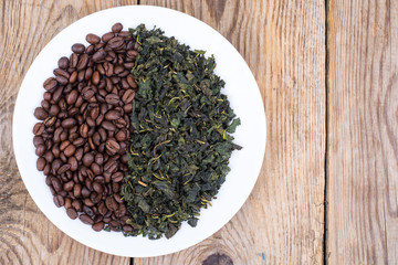 Coffee beans and green tea