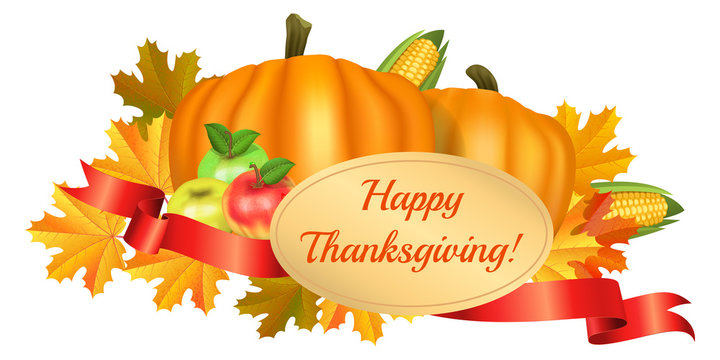 Happy Thanksgiving greeting card. Pumpkins, corn, apples and maple leaves on white background. Fall harvest celebration. Vector illustration EPS 10.