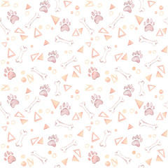 Cute background. Hand drawn watercolor seamless pattern - dog paw, bones, triangles and circles. Domestic animal. Perfect for invitations, greeting cards, posters,  banners, fabrics, packing etc