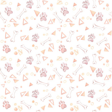 Cute background. Hand drawn watercolor seamless pattern - dog paw, bones, triangles and circles. Domestic animal. Perfect for invitations, greeting cards, posters,  banners, fabrics, packing etc
