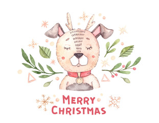 Merry christmas card. Hand drawn watercolor illustration - dog with floral elements, gold snowflakes and snow. Winter background. Perfect for invitations, greeting cards, posters, banners, prints