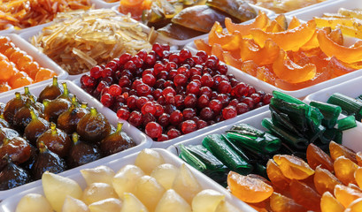 fruit cooked in sugar syrup in stores