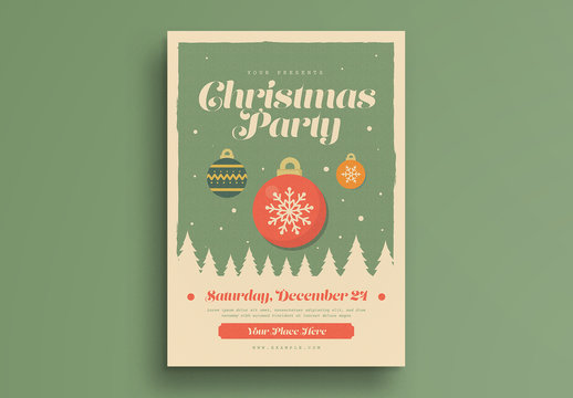 Retro Christmas Party Flyer with Trees and Ornaments