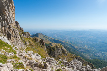 View of Abruzzo region from the Gran Sasso mountain, part of the Apennine Mountains, in Italy