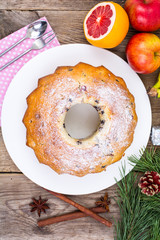 Homemade pastry for Christmas. Holiday cupcakes with fruits and chocolate