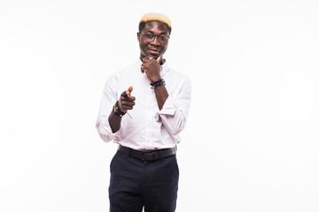 Closeup portrait of handsome african man in white shirt pointing at you isolated on white background