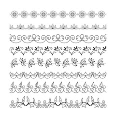 Collection floral seamless border black line. Decorative seamless doodle horizontal ornament set