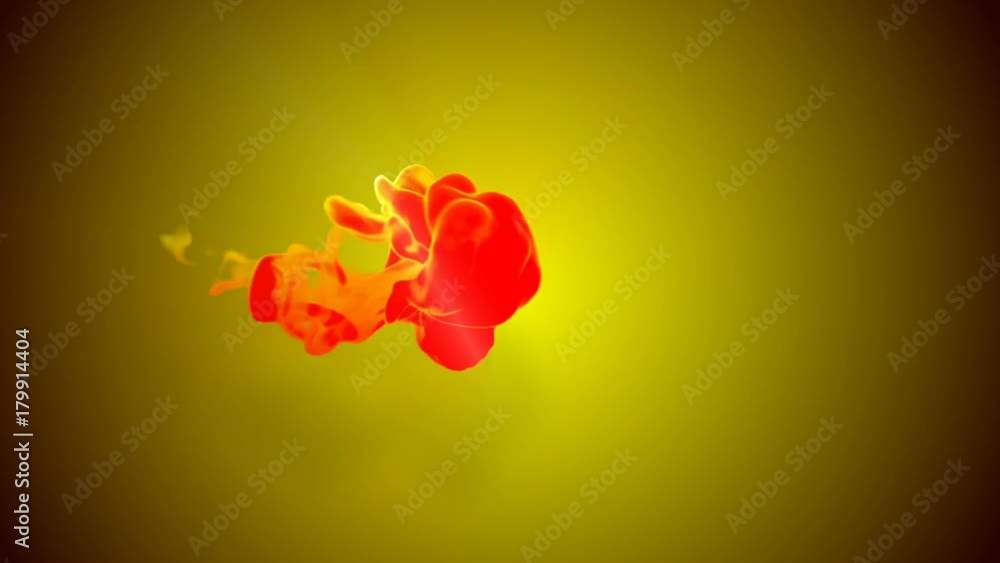 Poster 3d animation of flow of red orange ink inject in water in slow motion on orange background. use as i