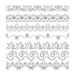 Collection floral seamless border black line. Decorative seamless doodle horizontal ornament set