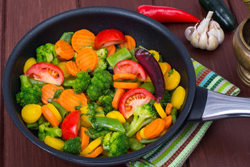 Carrots, broccoli, tomatoes  in  frying pan. Vegetarian menu