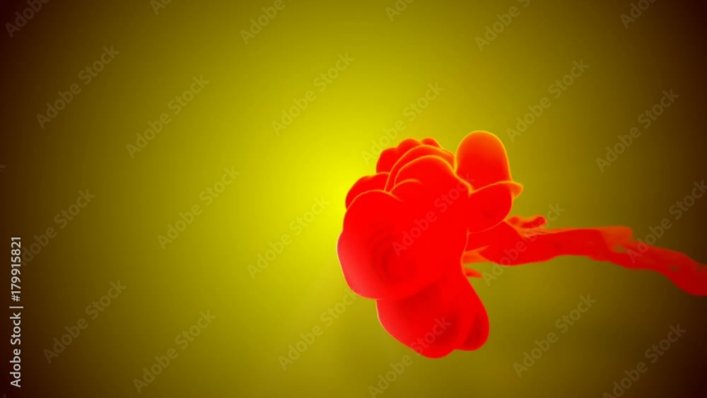 Poster 3d animation of flow of red orange ink inject in water in slow motion on orange background. use as i