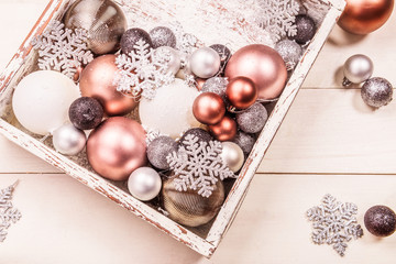 Christmas decorations in the wooden box