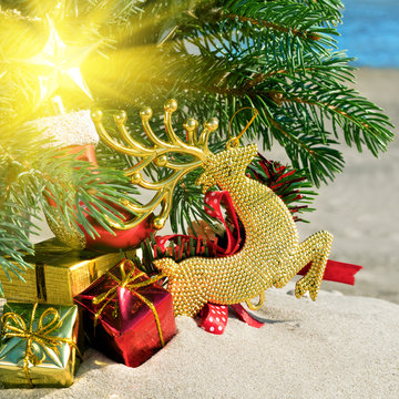 Christmas toys, reindear and christmas tree.