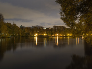 Pond in the park at night.