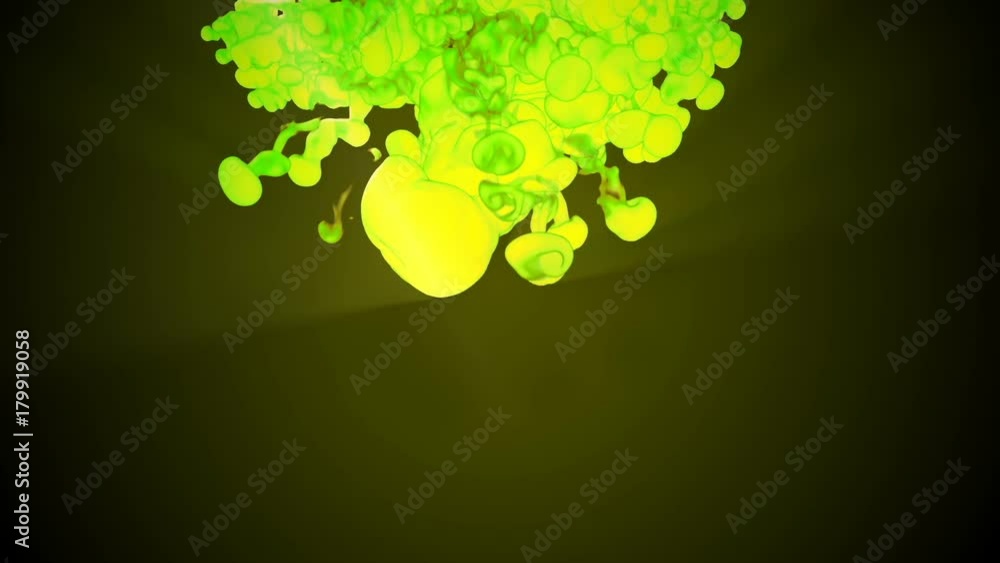 Poster 3d animation of flow of yellow green ink inject in water in slow motion on dark green background. us