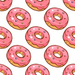 Vector seamless pattern with colorful glaze and sprinkles donuts and chocolate donut. Background fresh and yummy donuts illustration