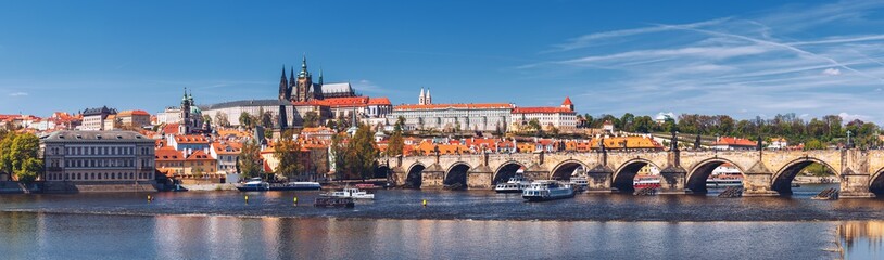 Prague panorama city skyline with Old Town, Prague Castle, Charles Bridge, St. Vitus Cathedral. Prague, Czech Republic