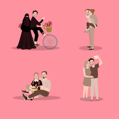 Set of characters couuple showing love enjoy time together. illustration in a flat style