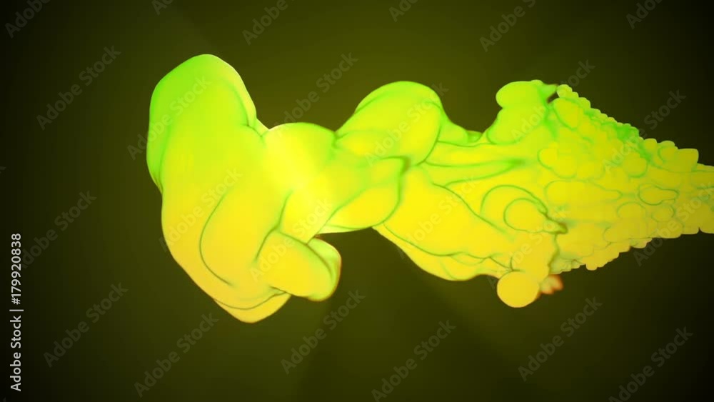 Poster 3d animation of flow of yellow green ink inject in water in slow motion on dark green background. us