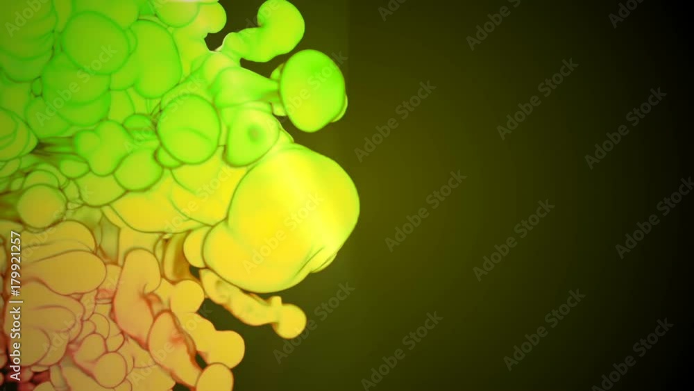 Poster 3d animation of flow of yellow green ink inject in water in slow motion on dark green background. us